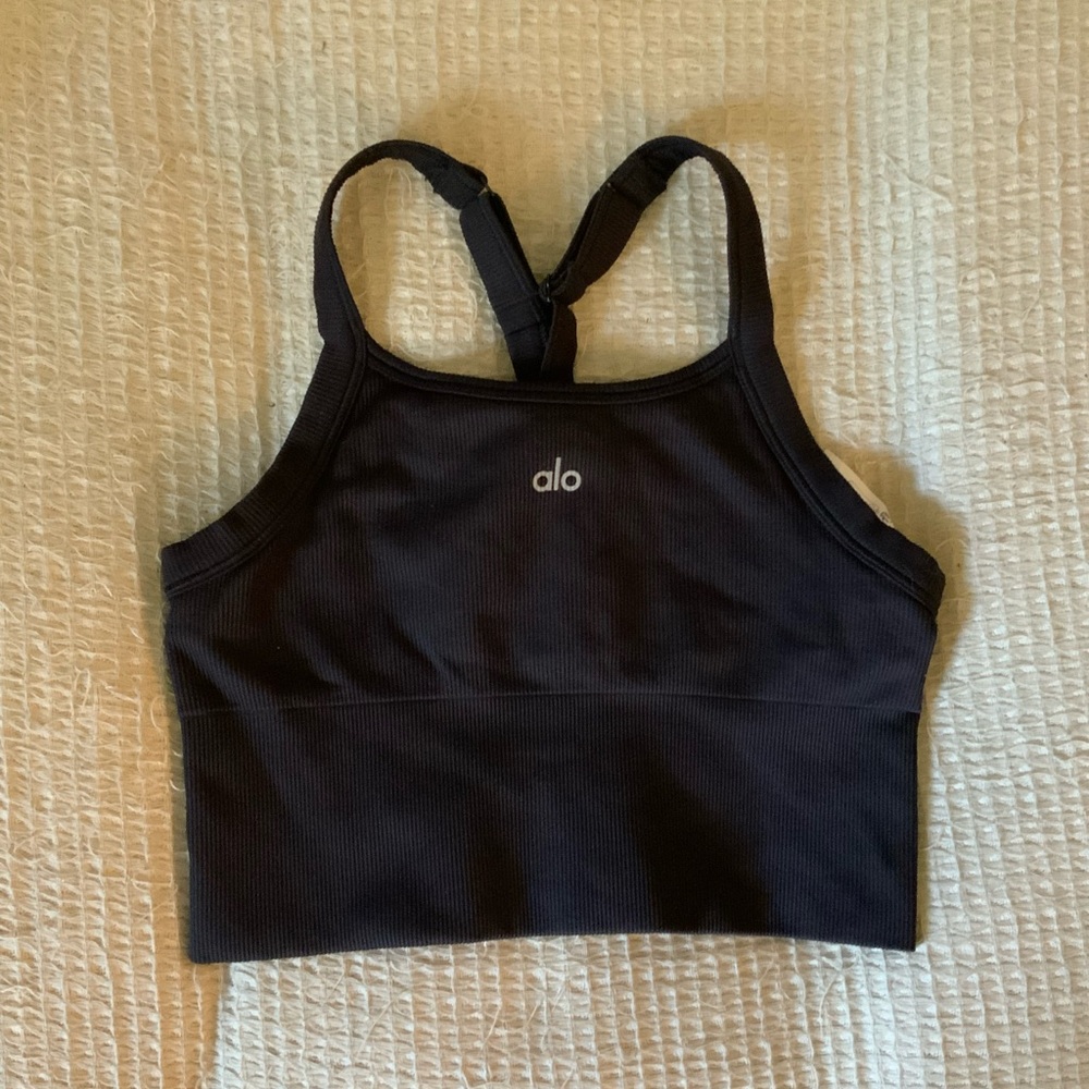 Alo Yoga Seamless Ribbed Favorite Sports Bra Tank Top Black Logo Size Small - Picture 10 of 11